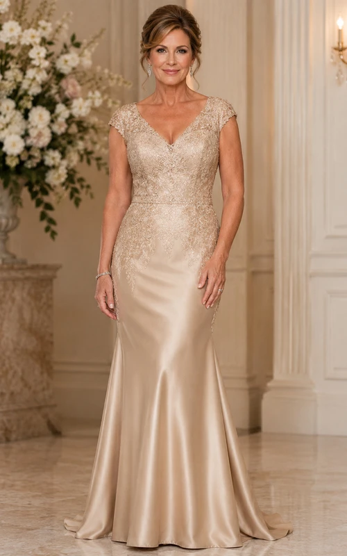 Vestido de madre de satén color champán con escote en V. Vestido de sirena color champán con escote en V hasta el suelo.