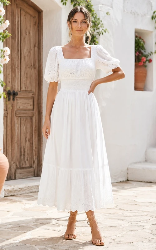Simple Boho Square Neck Puff Sleeve Lace Tea-Length A-Line Wedding Dress