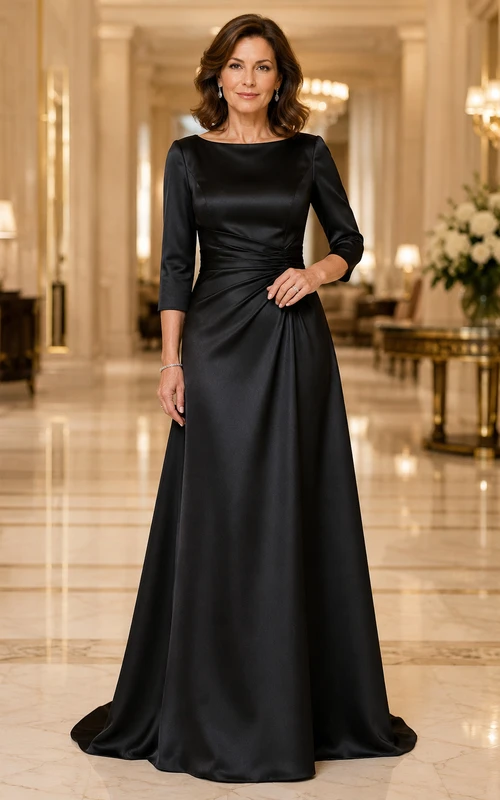 Black Satin Bateau A-Line Mother Dress with Three-Quarter Sleeves