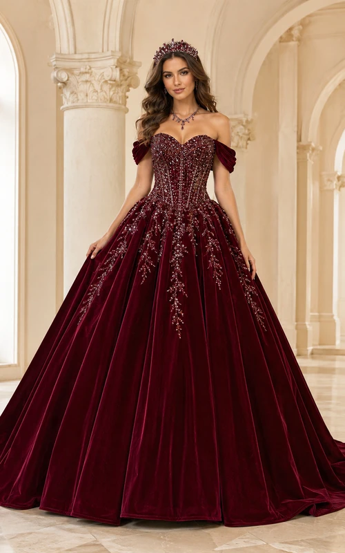 Vestido de quinceañera de princesa con cola de capilla, lujoso, color borgoña, de terciopelo con cristales y hombros descubiertos.