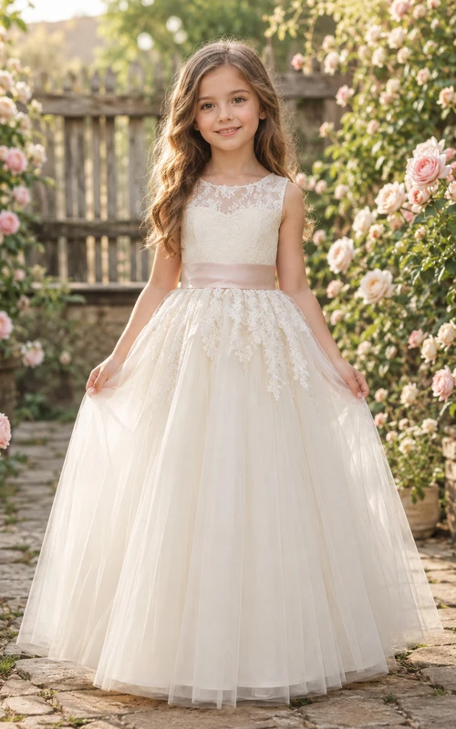 Vestido de niña de las flores, color marfil, encaje, tul, corte en A, escote redondo, largo midi, lazo en la espalda.