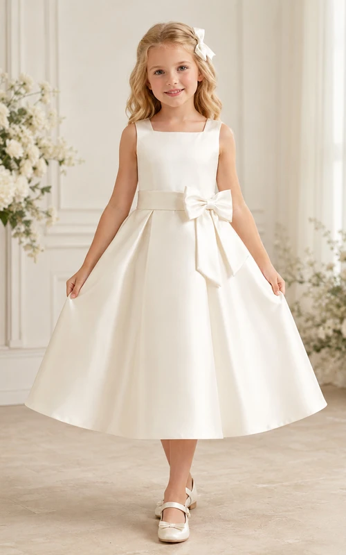 Robe de demoiselle d'honneur élégante en satin champagne, col carré, sans manches, nœud sur le devant, longueur thé, coupe trapèze, en satin, col rond, sans manches, longueur thé.