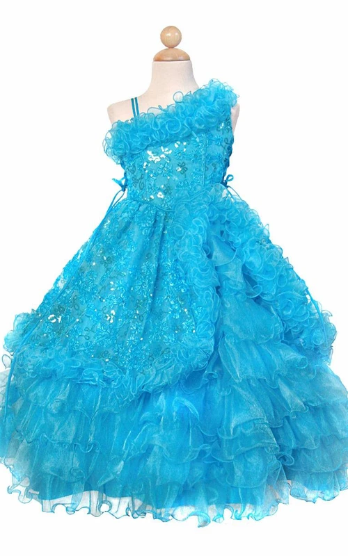Rüschenkleid aus Spitze und Pailletten in Knöchellänge mit Stickerei für Blumenmädchen