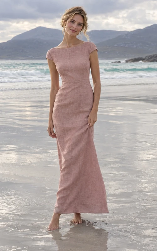 Vestido de novia sencillo color rosa empolvado para la playa, corte recto, escote barco, mangas cortas, largo hasta los tobillos.