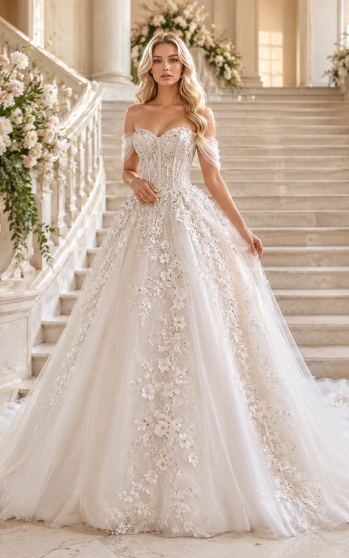 Robe de mariée trapèze en tulle et dentelle florale à épaules dénudées et manches courtes