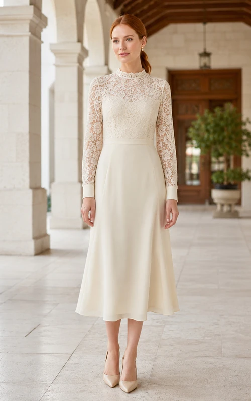 Robe midi crème à manches en dentelle et col montant pour cérémonie du temple