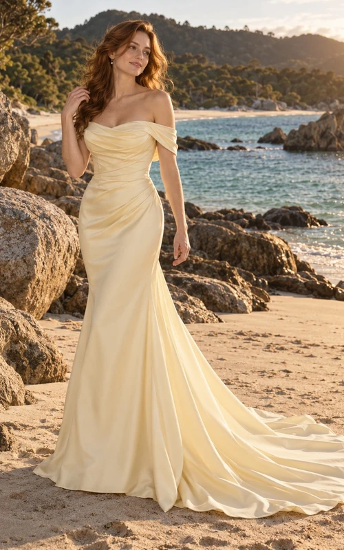 Schlichtes gelbes schulterfreies Brautkleid im Meerjungfrauenstil aus drapiertem Satin