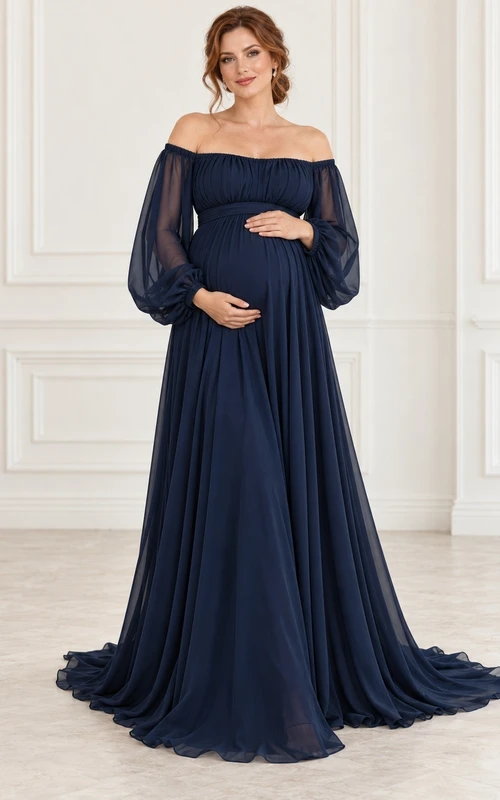 Maternity Long Sleeve Dark Navy Off Shoulder Empire Chiffon Gown