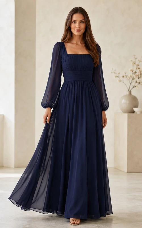 Modest Dark Navy Long Balloon Sleeve Square Neck Chiffon Empire Gown