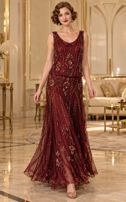 Robe de soirée longue bordeaux années 1920, col rond, sans manches, ornée de perles et de motifs botaniques