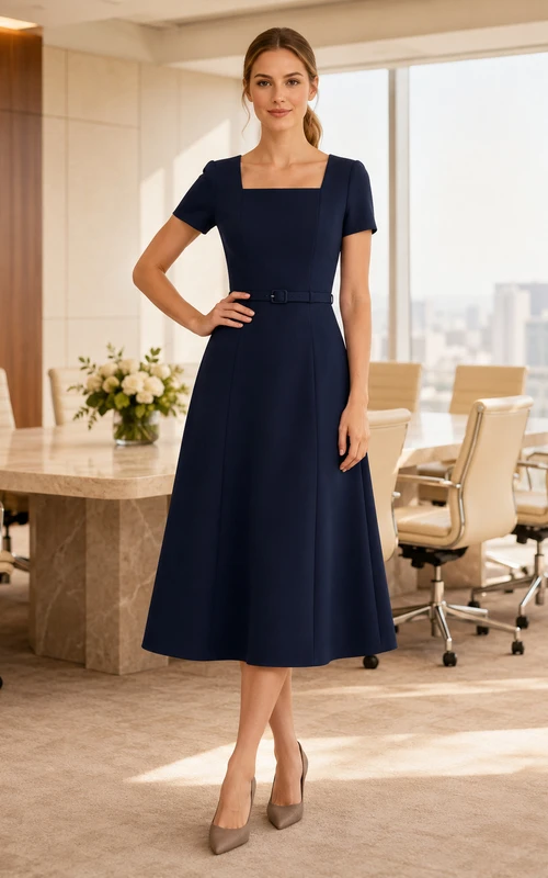 Marineblaues Business-Midikleid mit eckigem Ausschnitt, kurzen Ärmeln und A-Linien-Schnitt