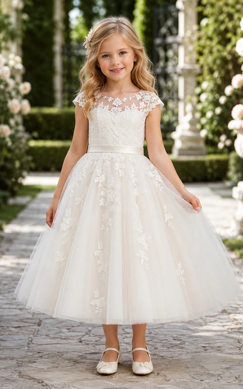 Blumenmädchenkleid aus Tüll mit Spitzenapplikationen und kurzen Ärmeln