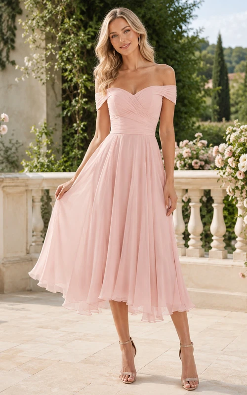 Petal Reception Blush A-Line Tea-Length Off-Shoulder Short-Sleeve Chiffon Romantic Bridesmaid Dress