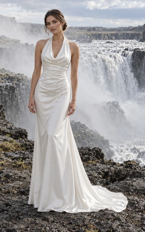 Vestido de novia sencillo de charmeuse con escote halter, cuello drapeado, corpiño fruncido y cola.