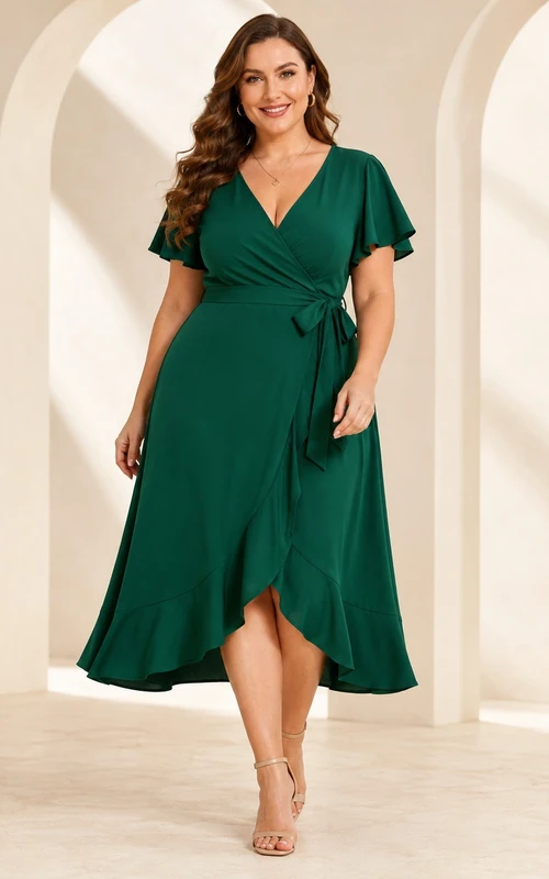 Robe portefeuille vert foncé grande taille à col en V, manches papillon et coupe trapèze asymétrique.