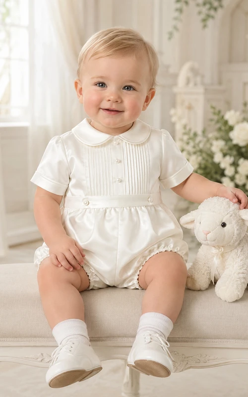 White Pintuck Bib Peter Collar Short Sleeve Christening Bubble for Baby Boy