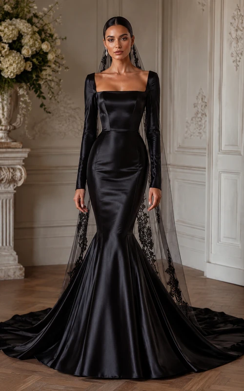 Vestido de novia de satén negro con escote cuadrado y corte sirena, con capa de encaje.