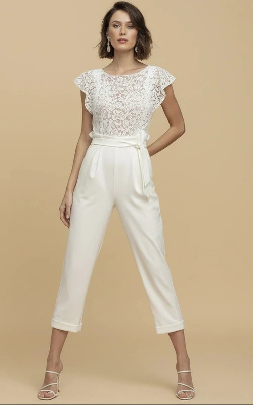 Combinaison de mariage à manches à volants en dentelle, taille haute et jambes larges