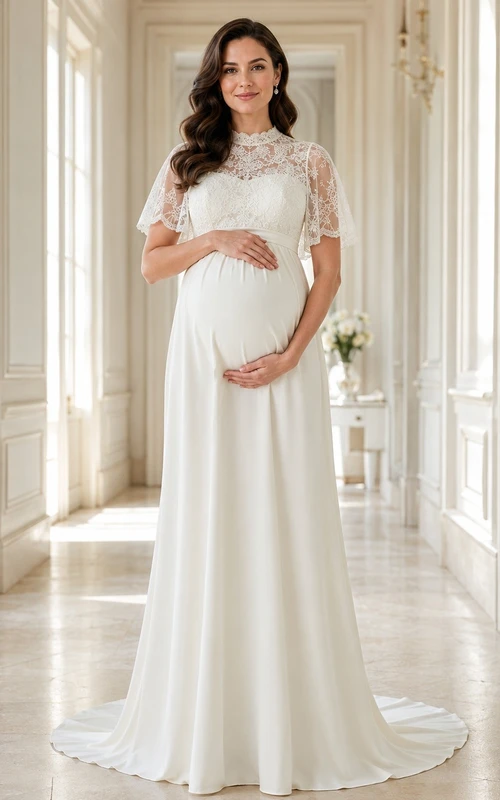 Vestido de novia de satén con cuello alto y mangas tipo capa, estilo modesto, para embarazadas.