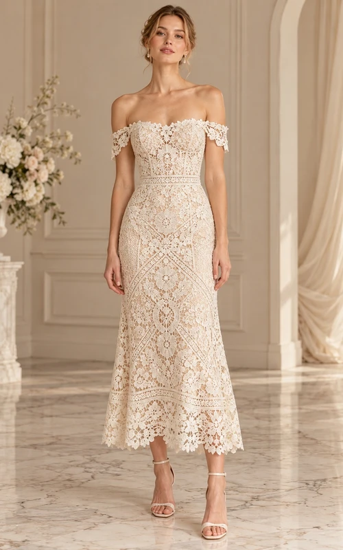 Boho Tea-length Off Shoulder Geometric Lace Fitted Bridal Wedding Dress