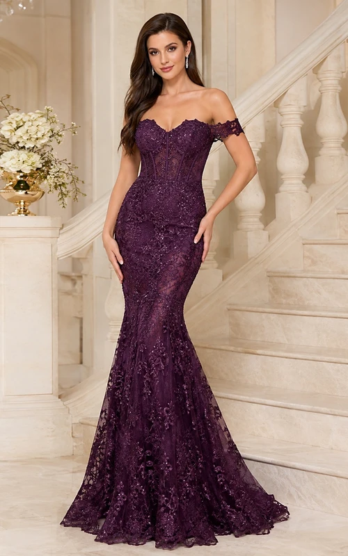 Plum Off-Shoulder Sweetheart Lace Mermaid Sweep Train Sexy Evening Prom Gown