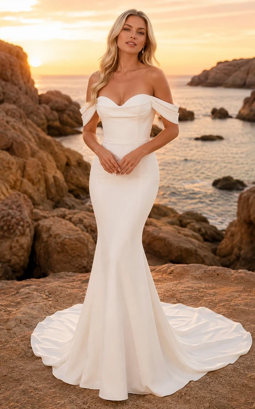 Robe de mariée romantique sirène en crêpe à épaules dénudées, imprimé coucher de soleil sur l'océan