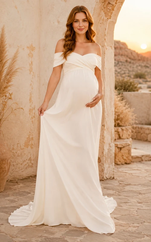 Maternity Wedding Dress Off Shoulder Draped Simple Bridal Gown with Soft Train