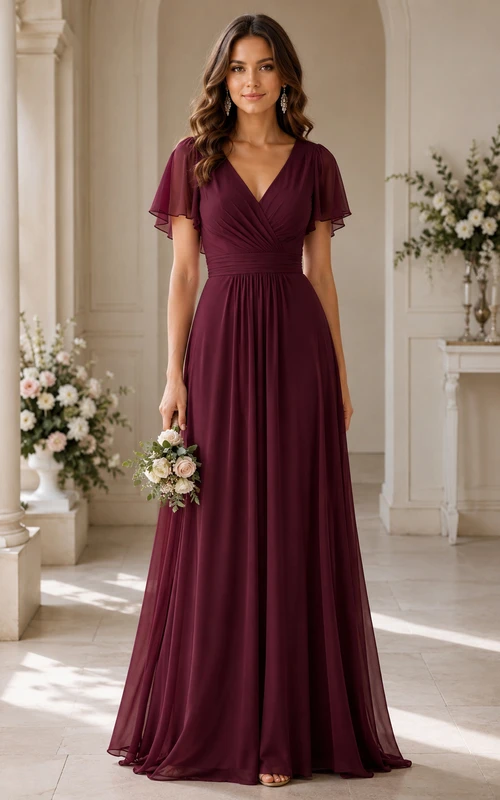 Burgundy A-Line Chiffon V-Neck Bridesmaid Dress with Flutter Sleeves