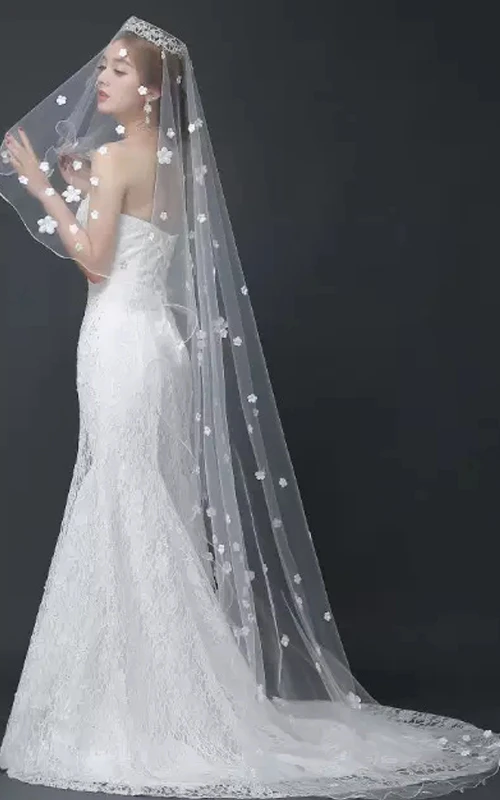 Voile de mariée en tulle avec fleurs, style chapelle