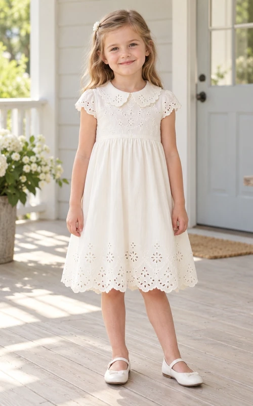 Vintage Ivory Knee Length Collared Cap Sleeve Cutwork Cotton Flower Girl Dress