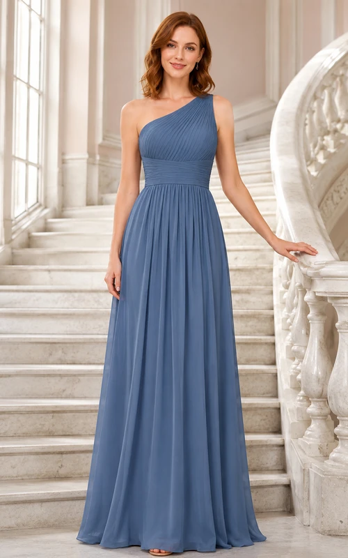 Dusty blue one shoulder pleated chiffon floor length bridesmaid dress