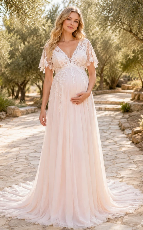 Maternity Blushing Pink Flutter Sleeve Boho Wedding Dress