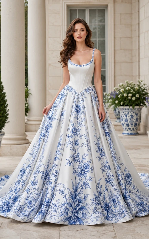 Himmelblaues, botanisches A-Linien-Brautkleid mit Rundhalsausschnitt, ärmellos, aus Spitze und Tüll