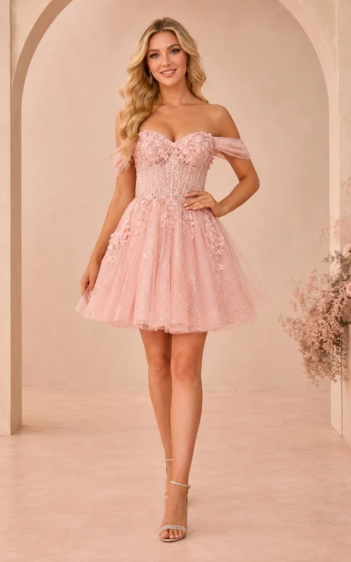 Zartrosa schulterfreies Mini-Abendkleid mit herzförmigem Ausschnitt, floralen Applikationen und A-Linien-Schnitt aus Tüll