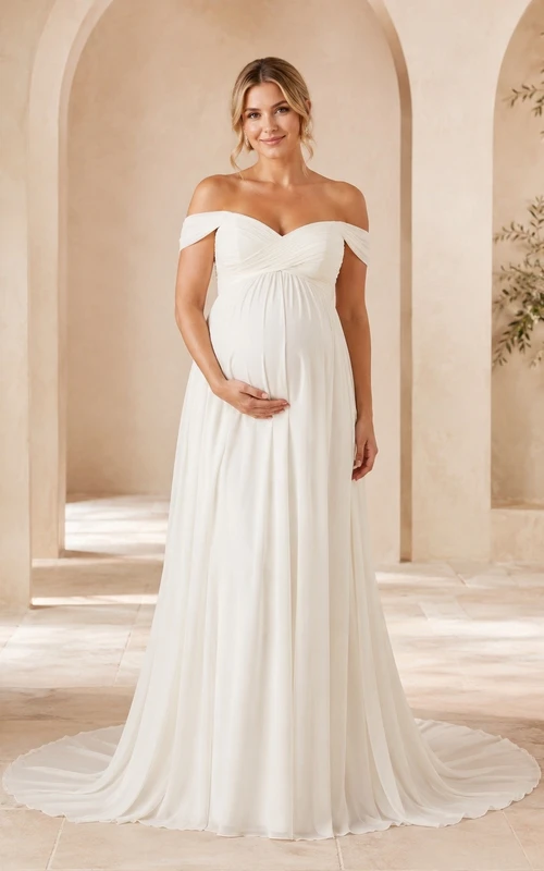 Vestido de novia sencillo de gasa con escote de hombros descubiertos y corte en A hasta el suelo