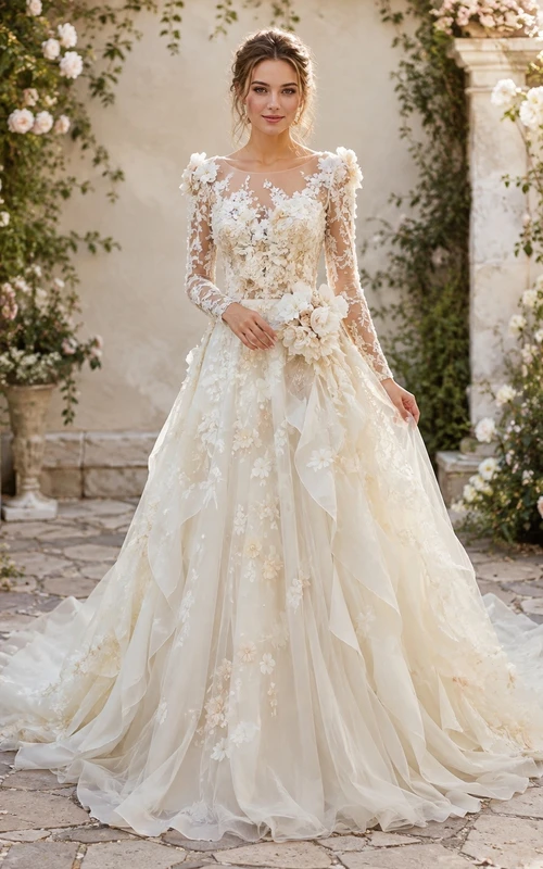 Vestido de novia elegante de encaje con mangas largas y corte en A de estilo vintage