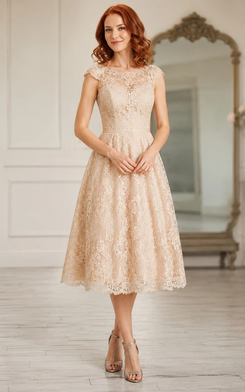 Vintage Salon Champagne A-Line Tea-Length Bateau Short-Sleeve Lace Guest Dress