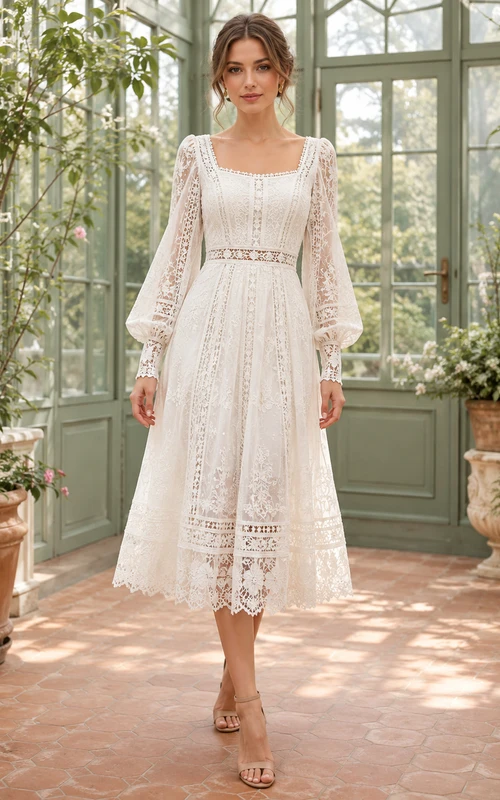 Greenhouse Lace Ivory A-Line Tea-Length Square Long-Sleeve Bohemian Guest Dress