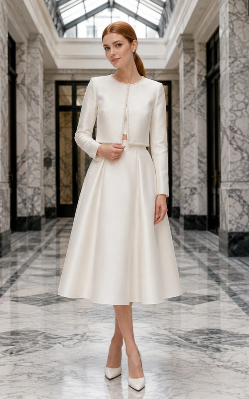 Long Sleeve Jacket A-Line Midi Civil Bridal Suit