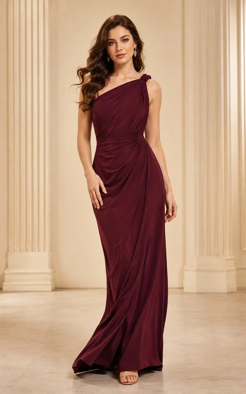 Burgundy Jersey One Shoulder Sleeveless Draped Evening Gown