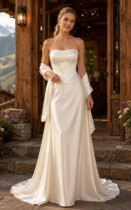 Vestido de novia de satén sin tirantes estilo vasco para fugarse a una cabaña de montaña.