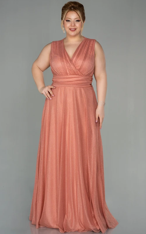 Vestido de noche de talla grande con escote en V, abertura frontal, mangas abullonadas y lentejuelas.
