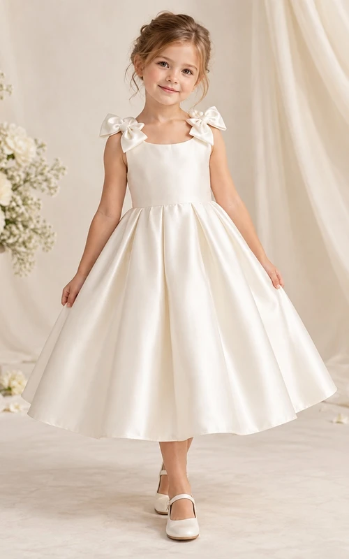 Teelanges elfenbeinfarbenes Satin-Blumenmädchenkleid mit Rundhalsausschnitt, Schleife und Schleife an den Schultern