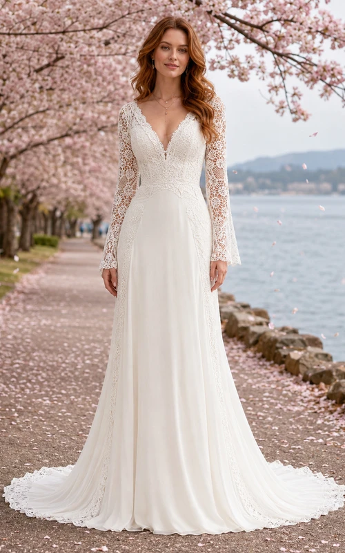 Vestido de novia ajustado con escote en V, mangas de encaje y estampado de flores de cerezo