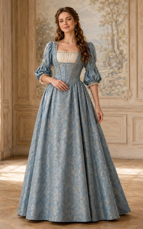 Steel Blue Taffeta Velvet Square Neck Bell Sleeve Floor-Length Ball Gown
