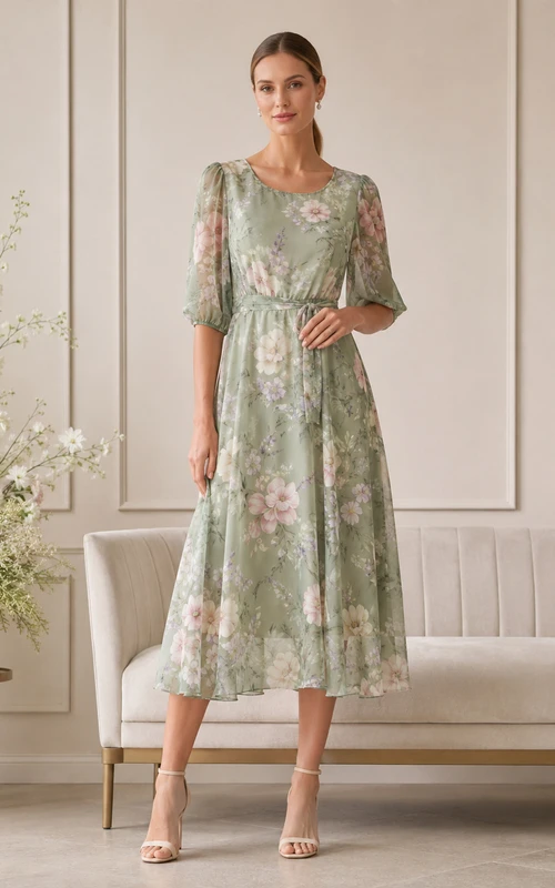 Robe midi trapèze en mousseline à col rond et manches courtes, ornée d'un motif floral sauge, idéale pour les futures mamans.
