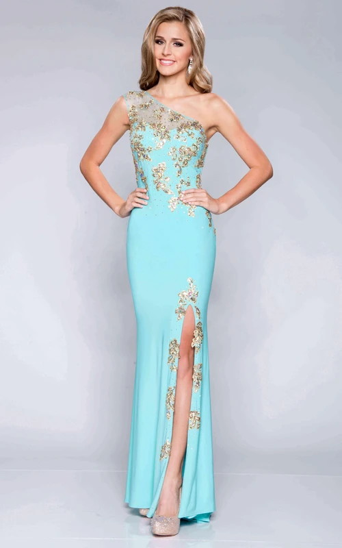 Vestido de fiesta de columna de jersey con un solo hombro, abertura lateral y apliques de cuentas.