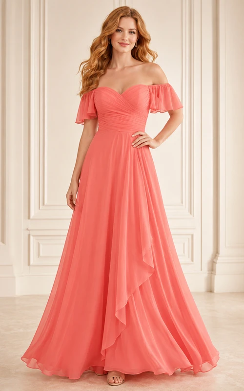 Romantisches korallenfarbenes Brautjungfernkleid in A-Linie mit herzförmigem Ausschnitt, Chiffon und Falten.
