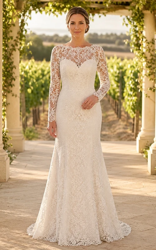Bridal Lace Jewel Neck Long Sleeve A-Line Sweep Train Wedding Gown