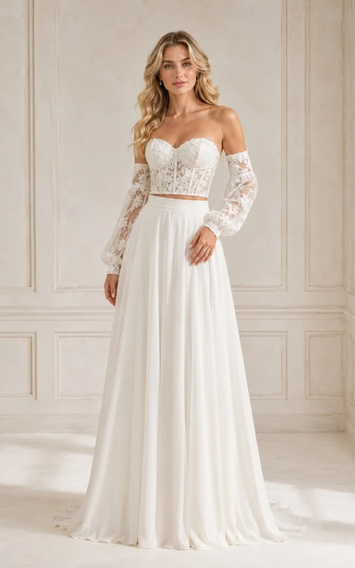 Beach Chiffon Lace Wedding Dress Two Piece Off Shoulder Long Sleeve Sweep Train Bridal Gown